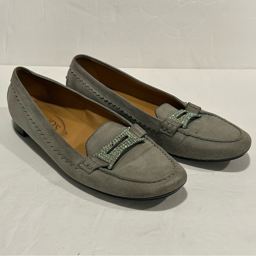 TOD’S Suede Leather Driving Loafers Rhinestone Crystal Buckle, Gray, Sz 9.5 - Picture 3 of 14